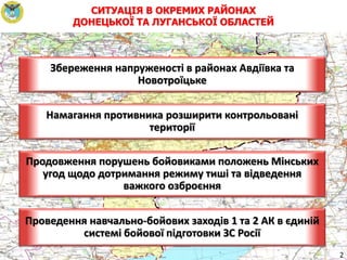 2
СИТУАЦІЯ В ОКРЕМИХ РАЙОНАХ
ДОНЕЦЬКОЇ ТА ЛУГАНСЬКОЇ ОБЛАСТЕЙ
Проведення навчально-бойових заходів 1 та 2 АК в єдиній
системі бойової підготовки ЗС Росії
Збереження напруженості в районах Авдіївка та
Новотроїцьке
Намагання противника розширити контрольовані
території
Продовження порушень бойовиками положень Мінських
угод щодо дотримання режиму тиші та відведення
важкого озброєння
 