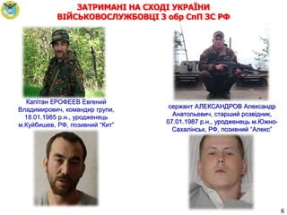 6
ЗАТРИМАНІ НА СХОДІ УКРАЇНИ
ВІЙСЬКОВОСЛУЖБОВЦІ 3 обр СпП ЗС РФ
6
Капітан ЕРОФЕЕВ Евгений
Владимирович, командир групи,
18.01.1985 р.н., уродженець
м.Куйбишев, РФ, позивний “Кит”
сержант АЛЕКСАНДРОВ Александр
Анатольевич, старший розвідник,
07.01.1987 р.н., уродженець м.Южно-
Сахалінськ, РФ, позивний “Алекс”
 