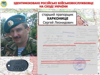 ІДЕНТИФІКОВАНІ РОСІЙСЬКІ ВІЙСЬКОВОСЛУЖБОВЦІ
НА СХОДІ УКРАЇНИ
99
ДОНЕЦЬК
Мар’їнка
Новотроїцьке
Красногорівка
старший прапорщик
ХАРКОНИЦЕ
Сергей Леонидович
 