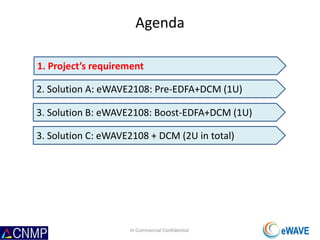 Agenda
1. Project’s requirement
2. Solution A: eWAVE2108: Pre-EDFA+DCM (1U)
In Commercial Confidential
3. Solution B: eWAVE2108: Boost-EDFA+DCM (1U)
3. Solution C: eWAVE2108 + DCM (2U in total)
 