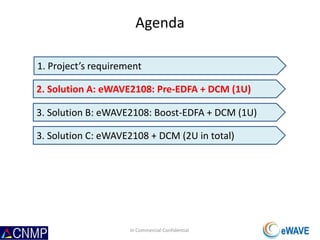 Agenda
1. Project’s requirement
2. Solution A: eWAVE2108: Pre-EDFA + DCM (1U)
In Commercial Confidential
3. Solution B: eWAVE2108: Boost-EDFA + DCM (1U)
3. Solution C: eWAVE2108 + DCM (2U in total)
 