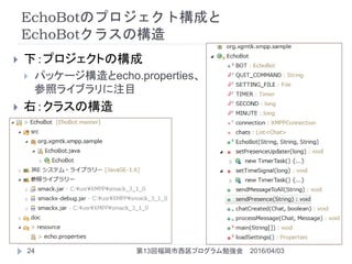 EchoBotのプロジェクト構成と
EchoBotクラスの構造
2016/04/03第13回福岡市西区プログラム勉強会24
 下：プロジェクトの構成
 パッケージ構造とecho.properties、
参照ライブラリに注目
 右：クラスの...