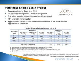 NYSE MKT: URG • TSX: URE
 Purchase closed in December 2013
 On patented mining claims – we own the ground
 8.8 million pounds, shallow, high grade roll front deposit
 ISR amenable mineralization
 Application for permit to mine submitted in December 2015. Work on other
applications is underway.
18
See Disclaimer re Forward-looking Statements and Projections (slide 2)
1. Sum of Measured and Indicated tons and pounds may not add to the reported total due to rounding.
2. Based on grade cutoff of 0.02 percent eU3O8 and a grade x thickness cutoff of 0.25 GT.
3. Measured and Indicated Mineral Resources as defined in Section 1.2 of NI 43-101 (the CIM Definition Standards (CIM
Council, 2014)).
4. All reported resources occur below the historic pre-mining static water table.
RESOURCE
AREA
MEASURED INDICATED
AVG GRADE
% eU3O8
SHORT TONS
(X 1000)
POUNDS
(X 1000)
AVG GRADE
% eU3O8
SHORT
TONS
(X 1000)
POUNDS
(X 1000)
FAB
TREND
0.280 1,172 6,574 0.119 456 1,081
AREA 5 0.243 195 947 0.115 93 214
TOTAL 0.275 1,367 7,521 0.118 549 1,295
MEASURED & INDICATED 0.230 1,915 8,816
Mineral Resource Estimate Summary July 2014
*Preliminary Economic Assessment Shirley Basin Uranium Project, Carbon County, Wyoming prepared by Western Water Consultants, Inc.,
d/b/a WWC Engineering – January 27, 2015 (posted on SEDAR).
 
