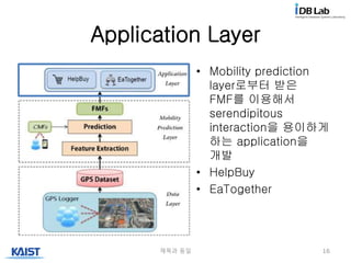 Application Layer
제목과 동일 16
• Mobility prediction
layer로부터 받은
FMF를 이용해서
serendipitous
interaction을 용이하게
하는 application을
개발
• HelpBuy
• EaTogether
 