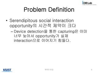 Problem Definition
• Serendipitous social interaction
opportunity의 시간적 제약이 크다
– Device detection을 통한 capturing은 이미
너무 늦어서 opportunity가 실제
interaction으로 이어지기 힘들다.
제목과 동일 6
 