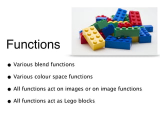 Functions
• Various blend functions
• Various colour space functions
• All functions act on images or on image functions
• All functions act as Lego blocks
 