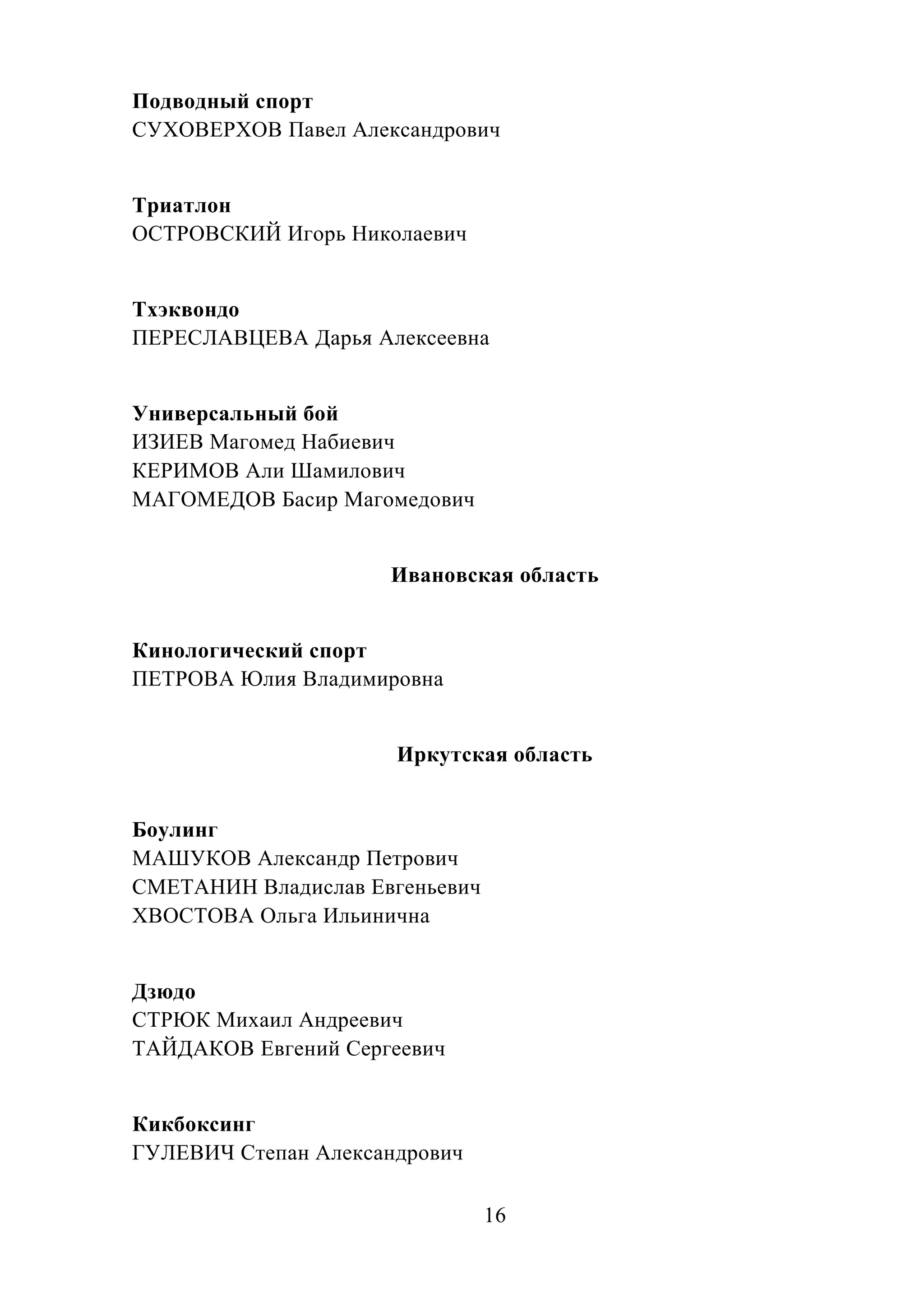 16
Подводный спорт
СУХОВЕРХОВ Павел Александрович
Триатлон
ОСТРОВСКИЙ Игорь Николаевич
Тхэквондо
ПЕРЕСЛАВЦЕВА Дарья Алексеевна
Универсальный бой
ИЗИЕВ Магомед Набиевич
КЕРИМОВ Али Шамилович
МАГОМЕДОВ Басир Магомедович
Ивановская область
Кинологический спорт
ПЕТРОВА Юлия Владимировна
Иркутская область
Боулинг
МАШУКОВ Александр Петрович
СМЕТАНИН Владислав Евгеньевич
ХВОСТОВА Ольга Ильинична
Дзюдо
СТРЮК Михаил Андреевич
ТАЙДАКОВ Евгений Сергеевич
Кикбоксинг
ГУЛЕВИЧ Степан Александрович
 
