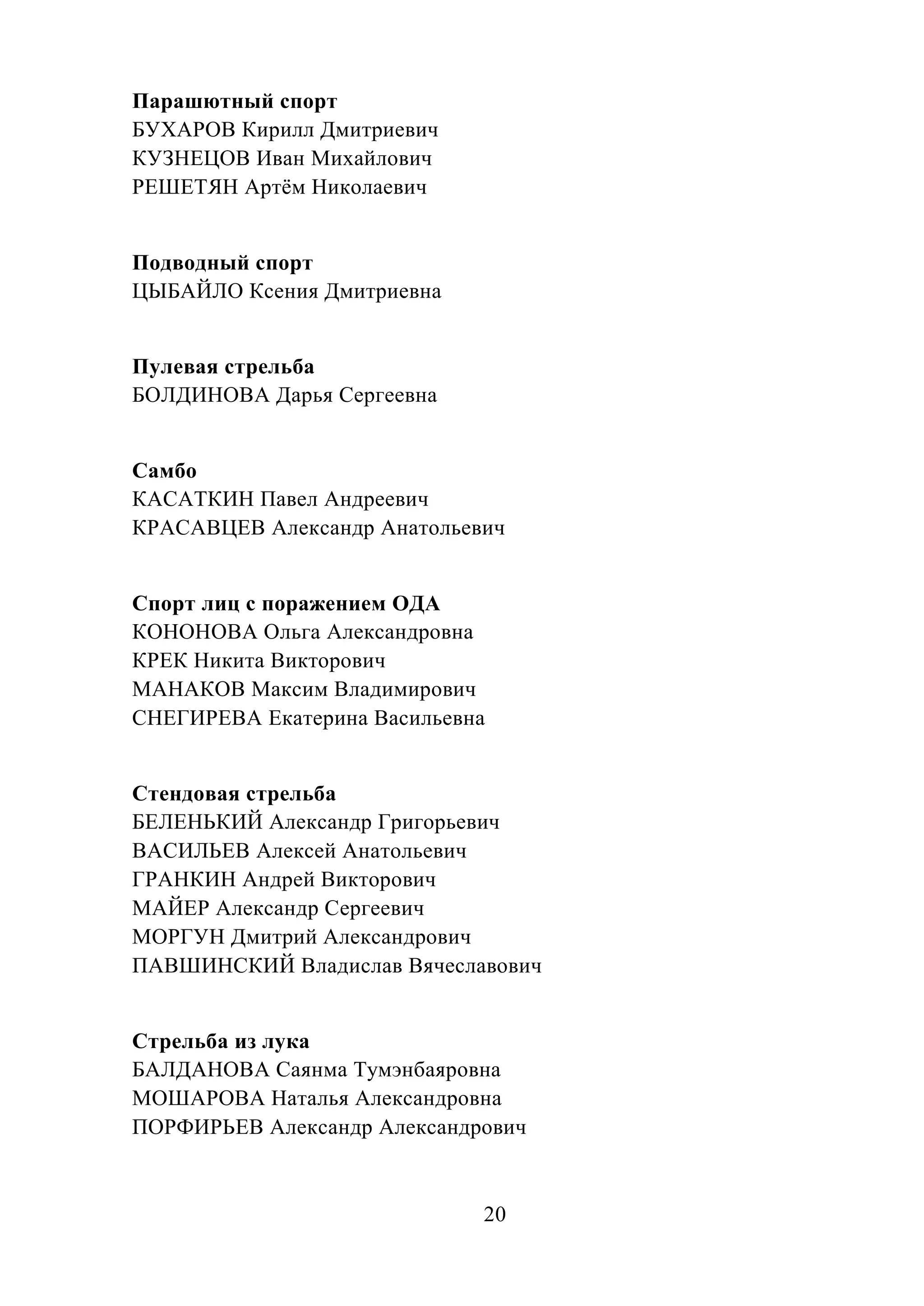 20
Парашютный спорт
БУХАРОВ Кирилл Дмитриевич
КУЗНЕЦОВ Иван Михайлович
РЕШЕТЯН Артём Николаевич
Подводный спорт
ЦЫБАЙЛО Ксения Дмитриевна
Пулевая стрельба
БОЛДИНОВА Дарья Сергеевна
Самбо
КАСАТКИН Павел Андреевич
КРАСАВЦЕВ Александр Анатольевич
Спорт лиц с поражением ОДА
КОНОНОВА Ольга Александровна
КРЕК Никита Викторович
МАНАКОВ Максим Владимирович
СНЕГИРЕВА Екатерина Васильевна
Стендовая стрельба
БЕЛЕНЬКИЙ Александр Григорьевич
ВАСИЛЬЕВ Алексей Анатольевич
ГРАНКИН Андрей Викторович
МАЙЕР Александр Сергеевич
МОРГУН Дмитрий Александрович
ПАВШИНСКИЙ Владислав Вячеславович
Стрельба из лука
БАЛДАНОВА Саянма Тумэнбаяровна
МОШАРОВА Наталья Александровна
ПОРФИРЬЕВ Александр Александрович
 