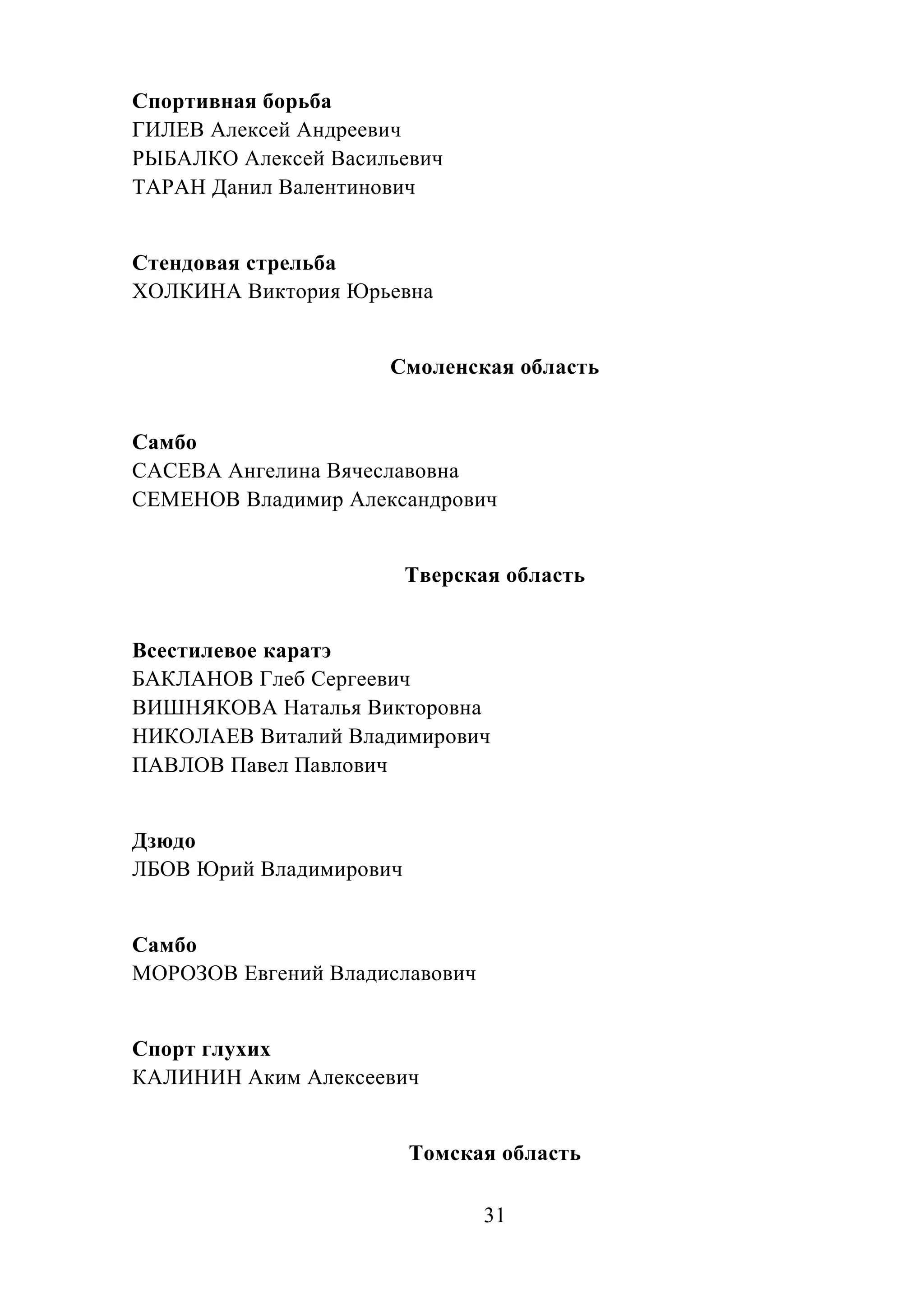 31
Спортивная борьба
ГИЛЕВ Алексей Андреевич
РЫБАЛКО Алексей Васильевич
ТАРАН Данил Валентинович
Стендовая стрельба
ХОЛКИНА Виктория Юрьевна
Смоленская область
Самбо
САСЕВА Ангелина Вячеславовна
СЕМЕНОВ Владимир Александрович
Тверская область
Всестилевое каратэ
БАКЛАНОВ Глеб Сергеевич
ВИШНЯКОВА Наталья Викторовна
НИКОЛАЕВ Виталий Владимирович
ПАВЛОВ Павел Павлович
Дзюдо
ЛБОВ Юрий Владимирович
Самбо
МОРОЗОВ Евгений Владиславович
Спорт глухих
КАЛИНИН Аким Алексеевич
Томская область
 
