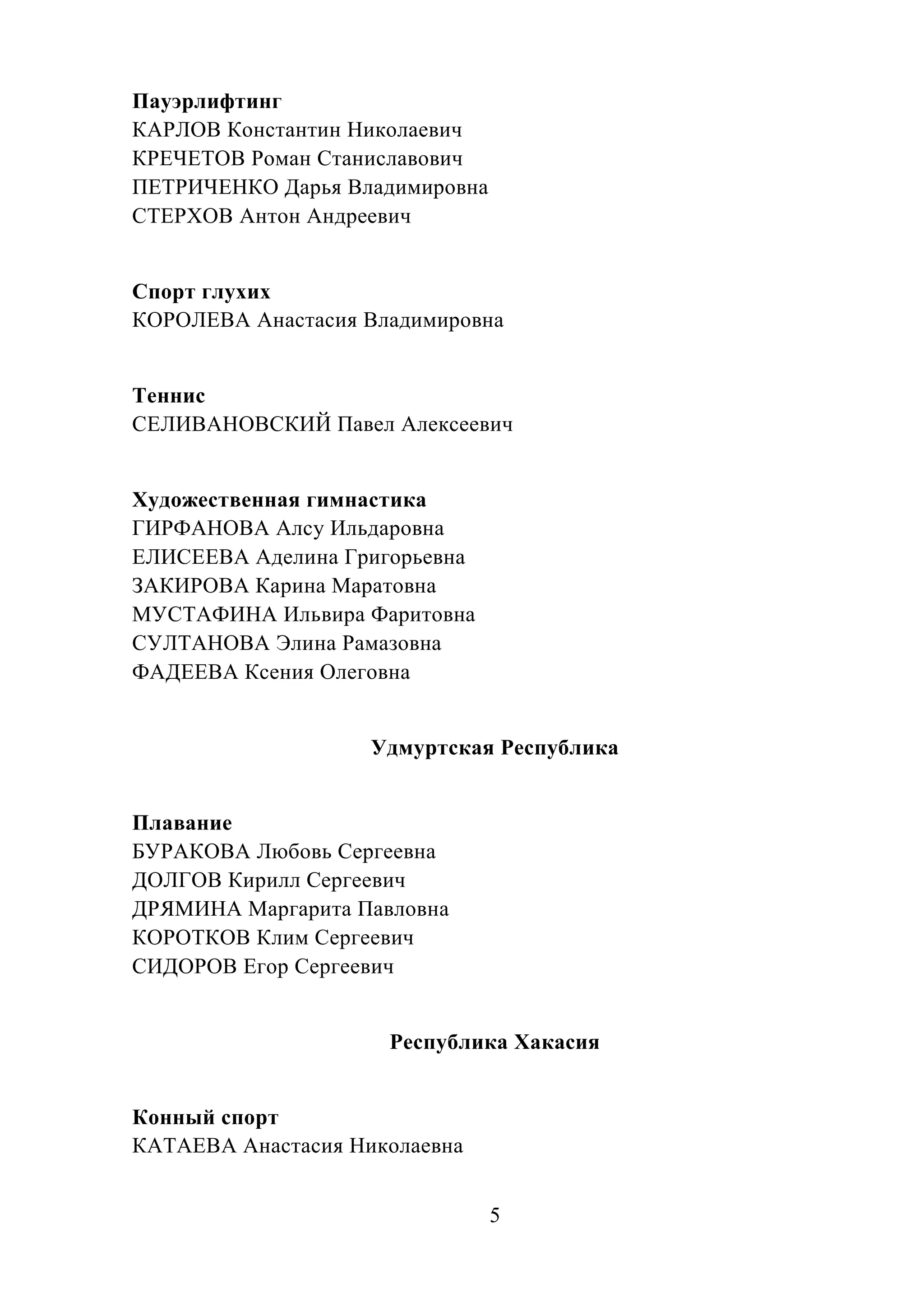 5
Пауэрлифтинг
КАРЛОВ Константин Николаевич
КРЕЧЕТОВ Роман Станиславович
ПЕТРИЧЕНКО Дарья Владимировна
СТЕРХОВ Антон Андреевич
Спорт глухих
КОРОЛЕВА Анастасия Владимировна
Теннис
СЕЛИВАНОВСКИЙ Павел Алексеевич
Художественная гимнастика
ГИРФАНОВА Алсу Ильдаровна
ЕЛИСЕЕВА Аделина Григорьевна
ЗАКИРОВА Карина Маратовна
МУСТАФИНА Ильвира Фаритовна
СУЛТАНОВА Элина Рамазовна
ФАДЕЕВА Ксения Олеговна
Удмуртская Республика
Плавание
БУРАКОВА Любовь Сергеевна
ДОЛГОВ Кирилл Сергеевич
ДРЯМИНА Маргарита Павловна
КОРОТКОВ Клим Сергеевич
СИДОРОВ Егор Сергеевич
Республика Хакасия
Конный спорт
КАТАЕВА Анастасия Николаевна
 