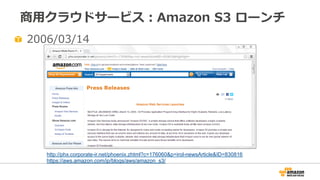 商⽤用クラウドサービス：Amazon  S3  ローンチ
  2006/03/14
http://phx.corporate-ir.net/phoenix.zhtml?c=176060&p=irol-newsArticle&ID=830816
...