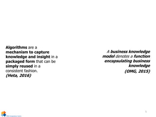Algorithms are a
mechanism to capture
knowledge and insight in a
packaged form that can be
simply reused in a
consistent fashion.
(Heta, 2016)
A business knowledge
model denotes a function
encapsulating business
knowledge
(OMG, 2015)
5
 