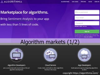 copyright https://algorithmia.com/
Algorithm markets (1/2)
62
 