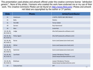 Slide Photo Artist/Contributor
31 Hotelroom L'HOTEL PORTO BAY SÃO PAULO
31 Belly Fbellon
31 Flat ABS Tomas Sobek
34 Servers Paul Hammond
34 Men Jcoterhals
42, 44, 46,
49, 50 & 51
Judge Aha-Soft (www.aha-software.com)
42, 44, 46,
49, 50 & 51
Police Agent Aha-Soft (www.aha-software.com)
42, 44, 46,
49, 50 & 51
Nurse Icons-Land (www.icons-land.com)
42, 44, 46,
49, 50 & 51
Writer Icons-Land (www.icons-land.com)
42, 44, 46,
49, 50 & 51
Swimmer Icons-Land (www.icons-land.com)
42, 44, 46,
49, 50 & 51
Law Book Lawyer Wordpress Themes
(www.lawyerwordpresstheme.com)
42, 44, 46,
49, 50 & 51
Briefcase Lawyer Wordpress Themes
(www.lawyerwordpresstheme.com)
47 Coloured face ATT
This presentation used photos and artwork offered under the creative commons license “attribution
generic” . None of the artists / licensors who created the work have endorsed me or my use of their
work. The Creative Commons Photos can be found on http://www.flickr.com/. Photos and artwork
not listed are copyrighted by the author or 3rd parties.
68
 