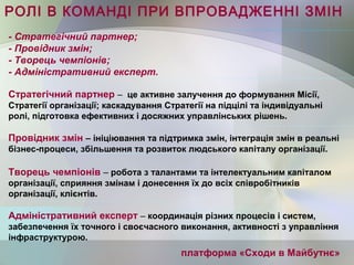 платформа «Сходи в Майбутнє»
- Стратегічний партнер;
- Провідник змін;
- Творець чемпіонів;
- Адміністративний експерт.
Стратегічний партнер – це активне залучення до формування Місії,
Стратегії організації; каскадування Стратегії на підцілі та індивідуальні
ролі, підготовка ефективних і досяжних управлінських рішень.
Провідник змін – ініціювання та підтримка змін, інтеграція змін в реальні
бізнес-процеси, збільшення та розвиток людського капіталу організації.
Творець чемпіонів – робота з талантами та інтелектуальним капіталом
організації, сприяння змінам і донесення їх до всіх співробітників
організації, клієнтів.
Адміністративний експерт – координація різних процесів і систем,
забезпечення їх точного і своєчасного виконання, активності з управління
інфраструктурою.
РОЛІ В КОМАНДІ ПРИ ВПРОВАДЖЕННІ ЗМІН
 