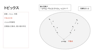 トピックス
距離，ノルム，内積
不動点定理
ノルムの等価性
凸関数と凸集合、最小値の存在
完備な(X, d)
縮小写像 F
→ || F(x0
) - F(x1
) || ≦ k || x0
- x1
||, k < 1
x0
x1
x2
y0
y1
y2
F
F
F
F
z = F(z) 不動点
 