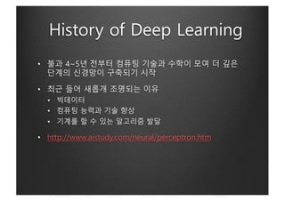 History of Deep Learning
• 불과 4~5년 전부터 컴퓨팅 기술과 수학이 모여 더 깊은
단계의 신경망이 구축되기 시작
• 최근 들어 새롭개 조명되는 이유
• 빅데이터
• 컴퓨팅 능력과 기술 향상
• 기...