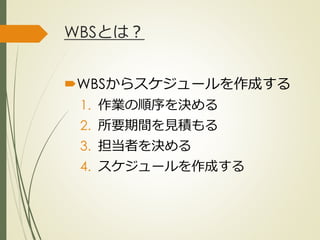 WBSとは？
WBSからスケジュールを作成する
1. 作業の順序を決める
2. 所要期間を見積もる
3. 担当者を決める
4. スケジュールを作成する
ひとくち勉強会① @2G_KSK
 