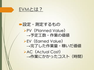 EVMとは？
設定・測定するもの
PV（Planned Value）
→予定工数・作業の価値
EV（Earned Value）
→完了した作業量・稼いだ価値
AC（Actual Cost）
→作業にかかったコスト（時間）
ひとくち勉強会① @2G_KSK
 