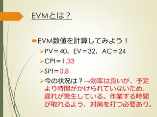 EVMとは？
EVM数値を計算してみよう！
PV＝40、EV＝32、AC＝24
CPI＝1.33
SPI＝0.8
今の状況は？→効率は良いが、予定
より時間がかけられていないため、
遅れが発生している。作業する時間
が取れるよう、対策を打つ必要あり。
ひとくち勉強会① @2G_KSK
 