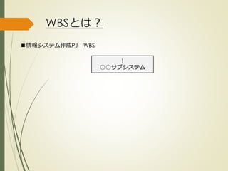 WBSとは？
1
○○サブシステム
■情報システム作成PJ WBS
ひとくち勉強会① @2G_KSK
 