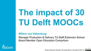 1
The impact of 30
TU Delft MOOCs
Willem van Valkenburg
Manager Production & Delivery TU Delft Extension School
Board Member Open Education Consortium
Unless otherwise indicated, this presentation is licensed CC-BY 4.0.
 