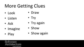 @RuthMalan
#OReillySACon
More Getting Clues
• Look
• Listen
• Ask
• Imagine
• Play
• Draw
• Try
• Try again
• Show
• Show again
 