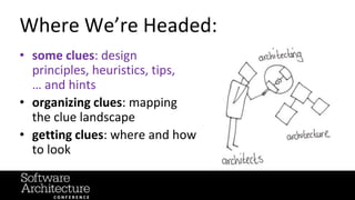 @RuthMalan
#OReillySACon
Where We’re Headed:
• some clues: design
principles, heuristics, tips,
… and hints
• organizing clues: mapping
the clue landscape
• getting clues: where and how
to look
 