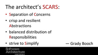 @RuthMalan
#OReillySACon
The architect’s SCARS:
• Separation of Concerns
• crisp and resilient
Abstractions
• balanced dis...