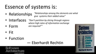 @RuthMalan
#OReillySACon
Essence of systems is:
• Relationships
• Interfaces
• Form
• Fit
• Function
— Eberhardt Rechtin
“...