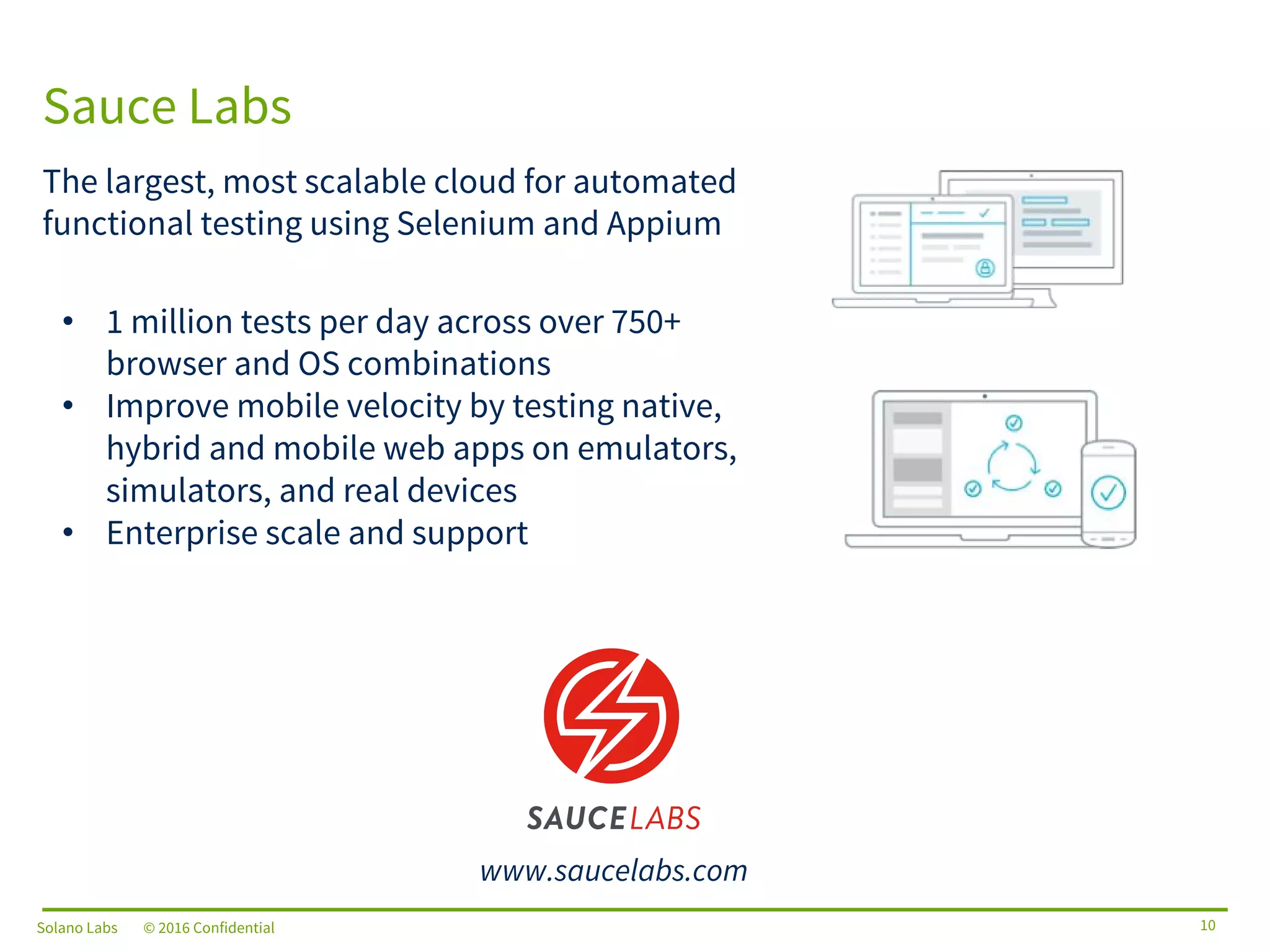 Solano Labs © 2016 Confidential
The largest, most scalable cloud for automated
functional testing using Selenium and Appium
• 1 million tests per day across over 750+
browser and OS combinations
• Improve mobile velocity by testing native,
hybrid and mobile web apps on emulators,
simulators, and real devices
• Enterprise scale and support
Sauce Labs
10
www.saucelabs.com
Solano Labs © 2016 Confidential
 