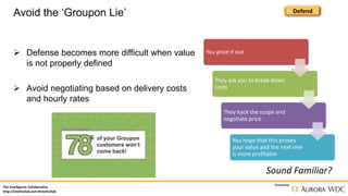 The Intelligence Collaborative
http://IntelCollab.com #IntelCollab
Powered by
DefendAvoid the ‘Groupon Lie’
You price it out
They ask you to break down
costs
They hack the scope and
negotiate price
You hope that this proves
your value and the next one
is more profitable
 Defense becomes more difficult when value
is not properly defined
 Avoid negotiating based on delivery costs
and hourly rates
Sound Familiar?
 