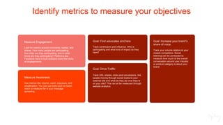 Identify metrics to measure your objectives
Measure Engagement:
Look for metrics around comments, replies, and
shares. How...
