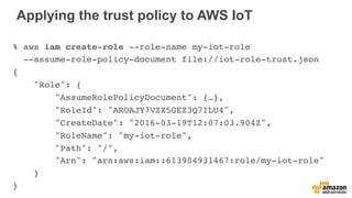 Applying the trust policy to AWS IoT
% aws iam create-role --role-name my-iot-role
--assume-role-policy-document file://iot-role-trust.json
{
"Role": {
"AssumeRolePolicyDocument": {…},
"RoleId": "AROAJY7VZX5GEZ3Q7ILU4",
"CreateDate": "2016-03-19T12:07:03.904Z",
"RoleName": "my-iot-role",
"Path": "/",
"Arn": "arn:aws:iam::613904931467:role/my-iot-role"
}
}
 