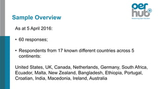 As at 5 April 2016:
• 60 responses;
• Respondents from 17 known different countries across 5
continents:
United States, UK, Canada, Netherlands, Germany, South Africa,
Ecuador, Malta, New Zealand, Bangladesh, Ethiopia, Portugal,
Croatian, India, Macedonia, Ireland, Australia
Sample Overview
 