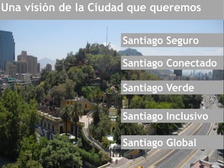 Una visión de la Ciudad que queremos
Santiago Seguro
Santiago Conectado
Santiago Verde
Santiago Inclusivo
Santiago Global
 