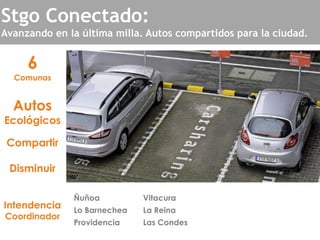 Ñuñoa
Lo Barnechea
Providencia
6
Comunas
Autos
Ecológicos
Compartir
Disminuir
Intendencia
Coordinador
Stgo Conectado:
Avanzando en la última milla. Autos compartidos para la ciudad.
Vitacura
La Reina
Las Condes
 