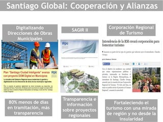 Santiago Global: Cooperación y Alianzas
80% menos de días
en tramitación, más
transparencia
Digitalizando
Direcciones de Obras
Municipales
SAGIR II
Transparencia e
información
sobre proyectos
regionales
Corporación Regional
de Turismo
Fortaleciendo el
turismo con una mirada
de región y no desde la
insularidad
 