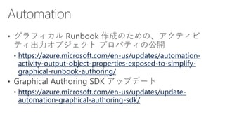 https://azure.microsoft.com/en-us/updates/automation-
activity-output-object-properties-exposed-to-simplify-
graphical-runbook-authoring/
https://azure.microsoft.com/en-us/updates/update-
automation-graphical-authoring-sdk/
 