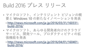 http://news.microsoft.com/ja-jp/2016/03/31/160331-
build-2016/
http://news.microsoft.com/ja-jp/2016/04/01/160401-
build-2016/
 