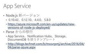 https://azure.microsoft.com/en-us/updates/new-
versions-of-node-js-deployed/
http://blogs.technet.com/b/mssvrpmj/archive/2016/04/
04/parse-azure.aspx
 
