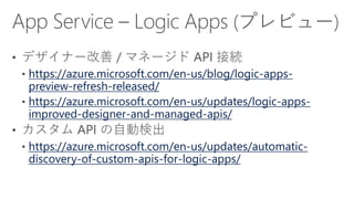 https://azure.microsoft.com/en-us/blog/logic-apps-
preview-refresh-released/
https://azure.microsoft.com/en-us/updates/logic-apps-
improved-designer-and-managed-apis/
https://azure.microsoft.com/en-us/updates/automatic-
discovery-of-custom-apis-for-logic-apps/
 