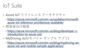 https://azure.microsoft.com/en-us/updates/microsoft-
azure-iot-reference-architecture-available/
https://azure.microsoft.com/en-us/blog/developer-s-
introduction-to-azure-iot/
https://azure.microsoft.com/en-us/blog/mydriving-an-
azure-iot-and-mobile-sample-application/
 