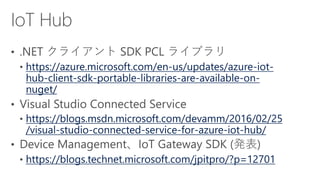 https://azure.microsoft.com/en-us/updates/azure-iot-
hub-client-sdk-portable-libraries-are-available-on-
nuget/
https://blogs.msdn.microsoft.com/devamm/2016/02/25
/visual-studio-connected-service-for-azure-iot-hub/
https://blogs.technet.microsoft.com/jpitpro/?p=12701
 