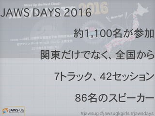 JAWS DAYS 2016
約1，100名が参加
関東だけでなく、全国から
7トラック、42セッション
86名のスピーカー
#jawsug #jawsugkgirls #jawsdays
 