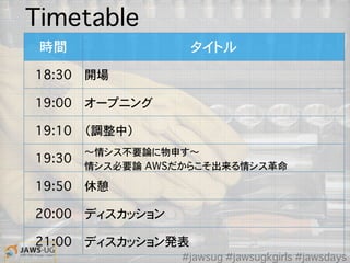 時間 タイトル
18:30 開場
19:00 オープニング
19:10 （調整中）
19:30
〜情シス不要論に物申す〜
情シス必要論 AWSだからこそ出来る情シス革命
19:50 休憩
20:00 ディスカッション
21:00 ディスカッション発表
Timetable
#jawsug #jawsugkgirls #jawsdays
 