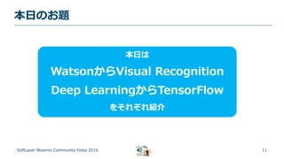 11
本日のお題
SoftLayer Bluemix Community Festa 2016
本日は
WatsonからVisual Recognition
Deep LearningからTensorFlow
をそれぞれ紹介
 