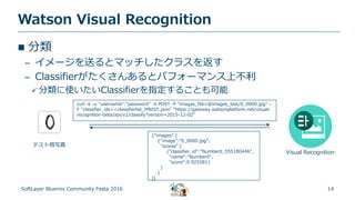 14
Watson Visual Recognition
SoftLayer Bluemix Community Festa 2016
 分類
– イメージを送るとマッチしたクラスを返す
– Classifierがたくさんあるとパフォーマンス上不利
 分類に使いたいClassifierを指定することも可能
curl -k -u "username":"password" -X POST -F "images_file=@images_test/0_0000.jpg" -
F "classifier_ids=<classifierlist_MNIST.json" "https://gateway.watsonplatform.net/visual-
recognition-beta/api/v2/classify?version=2015-12-02"
Visual Recognition
テスト用写真
{"images":[
{"image":"0_0000.jpg",
"scores":[
{"classifier_id":"Number0_555180446",
"name":"Number0",
"score":0.925581}
]
}
]}
 