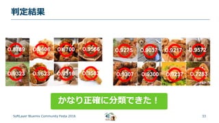 33
判定結果
SoftLayer Bluemix Community Festa 2016
○ ○ ○ ○
○ ○ ○ ○
○ ○ ○ ○
○ ○ ○ ○
０.8789 ０.9606 ０.8700 ０.9566
０.9323 ０.9623 ０.9316 ０.9583
０.9275 ０.9037 ０.9217 ０.9572
０.9307 ０.9300 ０.9237 ０.7283
かなり正確に分類できた！
 