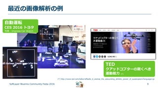 9
最近の画像解析の例
SoftLayer Bluemix Community Festa 2016
自動運転
CES 2016 トヨタ
写真：Impress Car Watch
TED
クアッドコプターの驚くべき
運動能力 (*)
(*) http://www.ted.com/talks/raffaello_d_andrea_the_astounding_athletic_power_of_quadcopters?language=ja
 